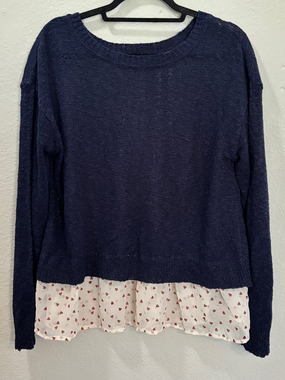 Maison Jules Navy Open Back Ladybug Heart Print Chiffon Hem Sweater Size XL